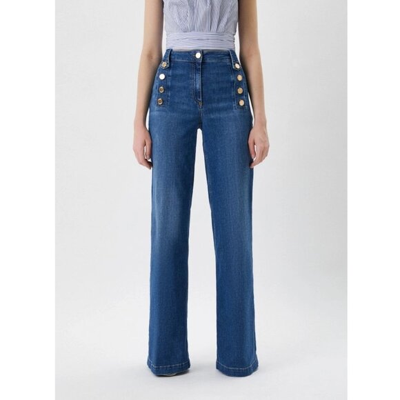 Elisabetta Franchi Palazzo Jeans 31" / Size 27 / Blue Button High Rise Wide Leg - Picture 2 of 11